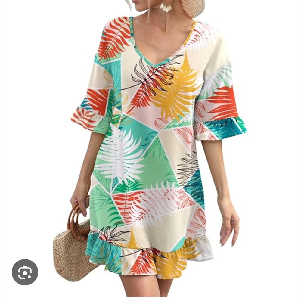 New Tropical Print V-Neck Swim Cover-Up